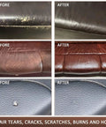 Before and after images showing results of using Vinyl And Leather Repair Kit For Furniture Sofa Jacket Couches Car Seats And Purses