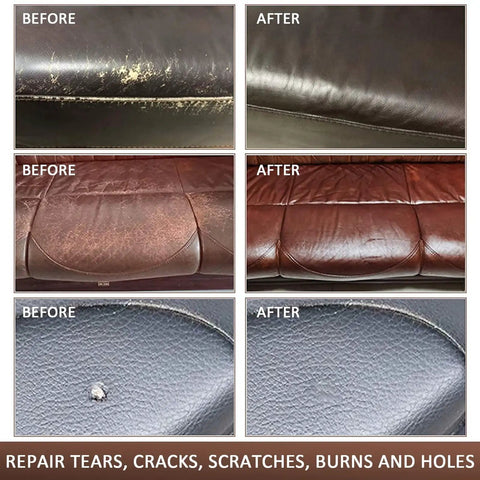 Before and after images showing results of using Vinyl And Leather Repair Kit For Furniture Sofa Jacket Couches Car Seats And Purses