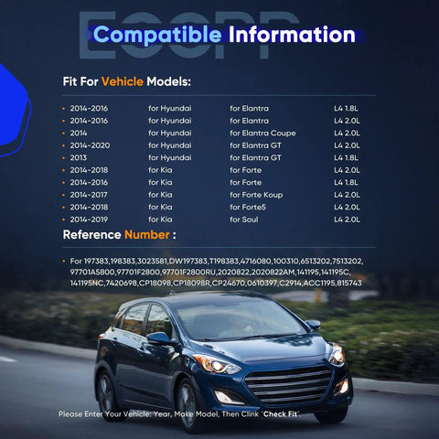 Image of compatible vehicle models for Plug And Play AC Compressor Pump For 2013 Through 2018 Hyundai Elantra Elantra GT Coupe 1.8L And 2.0L Engine.