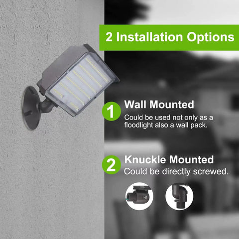 2 Pack 100W LED Flood Light With Knuckle Outdoor Dusk To Dawn Photocell 5000K 14000 Lumens ETL Waterproof wall and knuckle mount options.
