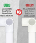Comparison of UV resistant Half Inch 3 Way PVC Pipe Fittings For DIY Furniture and non-UV protected connectors.