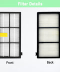 Front and back view of filters from 18 Pack Replacement Parts for Roomba 800 and 900 Series Vacuum Cleaners, Easy Swaps With 2 Set Roller Brushes, 8 Filters, and 8 Side Brushes, Durable PC Build, Fits Models 805 850 860 861 864 866 870 871 880 890 891 960 961 964 980 981 985.