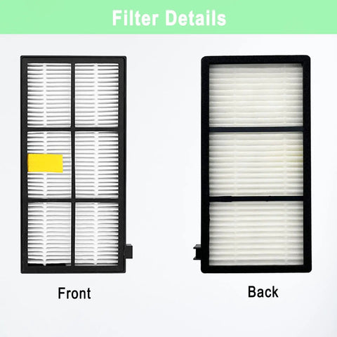 Front and back view of filters from 18 Pack Replacement Parts for Roomba 800 and 900 Series Vacuum Cleaners, Easy Swaps With 2 Set Roller Brushes, 8 Filters, and 8 Side Brushes, Durable PC Build, Fits Models 805 850 860 861 864 866 870 871 880 890 891 960 961 964 980 981 985.