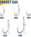 150 PCS J Hooks With Baitholder Long Shank Bait Holder Hook 2 Shank Offset sizes 4#, 1#, 1/0, 3/0, 5/0 displayed
