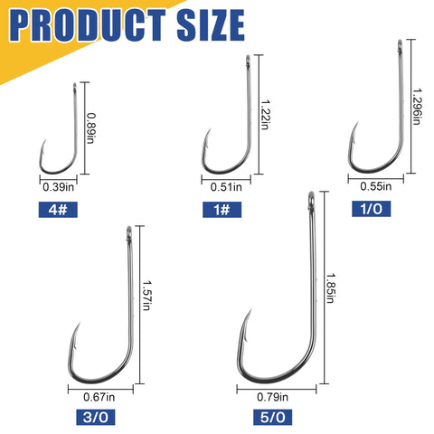 150 PCS J Hooks With Baitholder Long Shank Bait Holder Hook 2 Shank Offset sizes 4#, 1#, 1/0, 3/0, 5/0 displayed