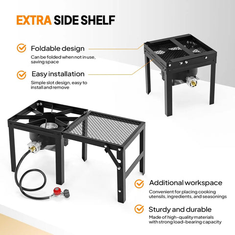 Single Burner Propane Stove With Foldable Side Shelf And 75000 BTU Heat, Portable Gas Stove details with foldable shelf.