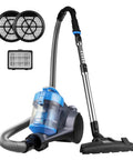 Eureka blue bagless canister vacuum cleaner with wand, floor nozzle, flexible hose, and spare filters