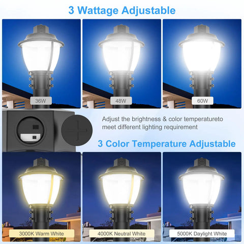 LED Post Top Light With Dusk To Dawn Photocell 5000K Daylight White No Glare Eye Friendly Outdoor Post Fixture showing wattage options