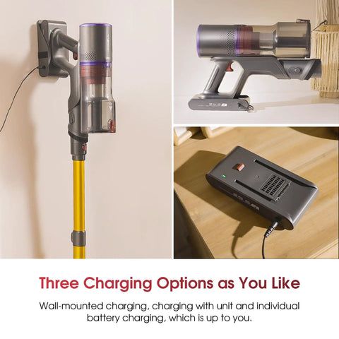 Total Game Changer Cordless Stick Vacuum Cleaner Delivering Raw 55Kpa Suction with wall-mounted charging dock and battery charger.