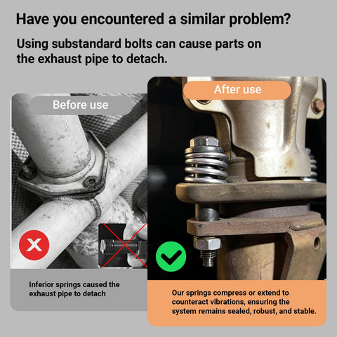 Comparison of exhaust pipe with and without 2 Piece M10x1.25 Exhaust Manifold Bolts And Nuts Kit With Built In Springs