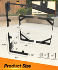 Heavy Duty Gate Brace Kit Anti Sag Gate Hardware Corner Brace For Wooden Fences Driveways Doors And Windows Black Built From Rust Resistant Powder Coated Steel With 90 Degree Triangular Design And Welded Hinges For Extra Strength, showing dimensions and components on outdoor background.