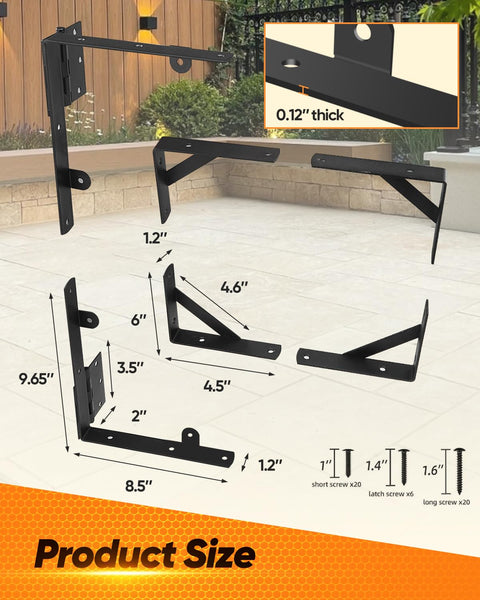 Heavy Duty Gate Brace Kit Anti Sag Gate Hardware Corner Brace For Wooden Fences Driveways Doors And Windows Black Built From Rust Resistant Powder Coated Steel With 90 Degree Triangular Design And Welded Hinges For Extra Strength, showing dimensions and components on outdoor background.