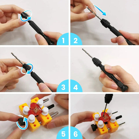 Pin Vise Hand Drill Set With Bench Vise 0.5 To 3mm PCB Mini Twist Drill Bits Includes Five Finger Covers In Three Sizes And Two Diamond Needle Files Great For Crafting Carving And DIYers being used in step-by-step process with hands holding and adjusting the tool on a bench vise.