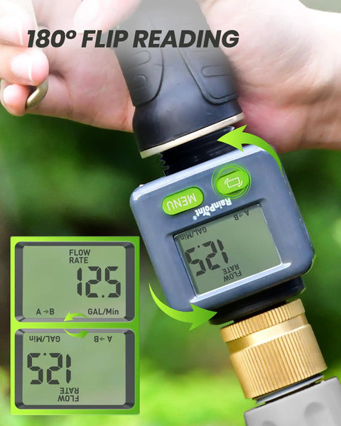 Real Time Water Flow Meter With Brass Inlet For Garden Hose And RV Use, 180 Degree Screen Flip Displayed; Flow Rate Shown 12.5 GAL/Min