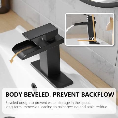Waterfall Matte Black Bathroom Faucet With Single Handle Fits 1 Or 3 Hole Sinks Includes Pop Up Drain And Deck Supply Hoses No Fuss High Flow Water Sleek Modern Finish Easy Clean.