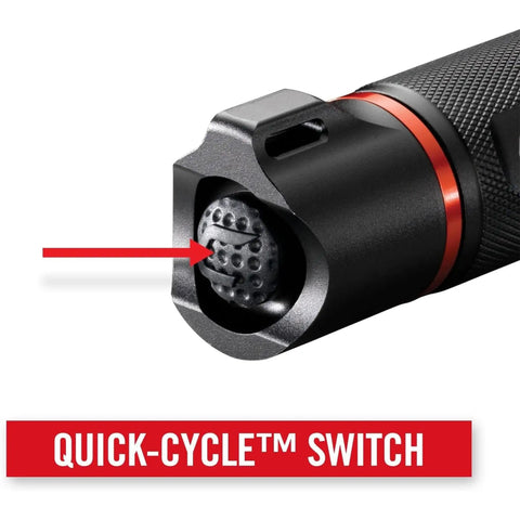 Close-up of G450 1630 Lumen Twist Focus Flashlight Beast Mode Brightness With Pure Beam Optic showing quick-cycle switch