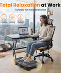 Person using Vibration Plate Fitness Platform for full body workout at office desk with Bluetooth connection, aiding weight loss and recovery.