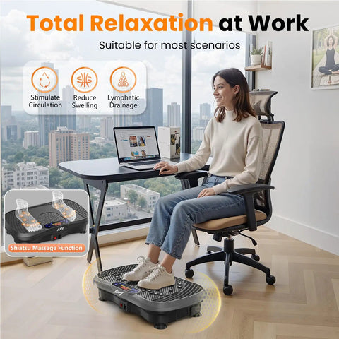 Person using Vibration Plate Fitness Platform for full body workout at office desk with Bluetooth connection, aiding weight loss and recovery.