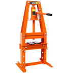 Garage Beast Six Ton Hydraulic Press With Adjustable Plates And Reliable Safety Valve Orange Benchtop Power Tool For Auto Mechanics And Hardcore Metal Project Work on a white background.