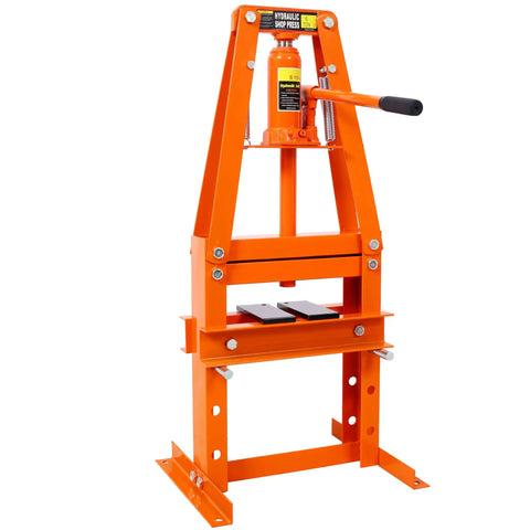 Garage Beast Six Ton Hydraulic Press With Adjustable Plates And Reliable Safety Valve Orange Benchtop Power Tool For Auto Mechanics And Hardcore Metal Project Work on a white background.