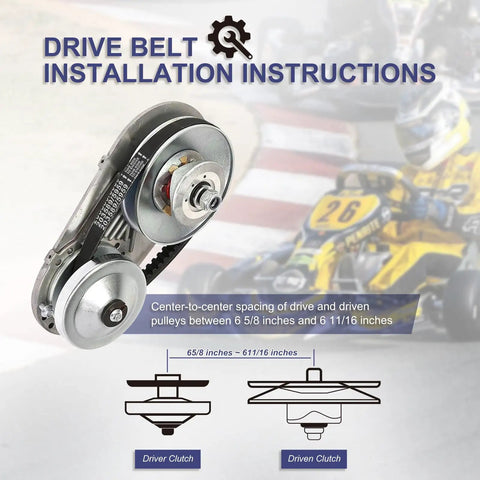 Installation instructions for Three Pack Drive Belt Set for 30 Series Torque Converter Go Karts, diagram showing driver and driven clutches.