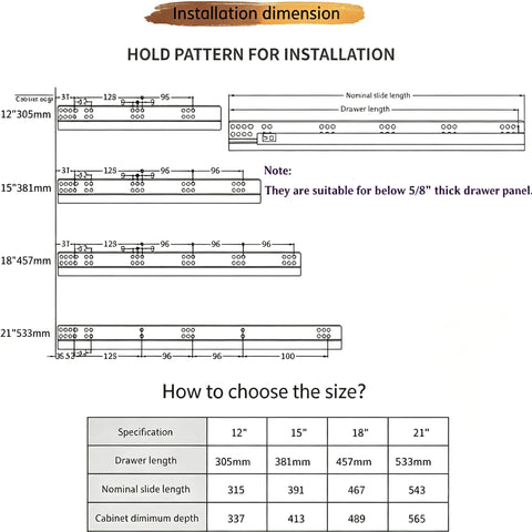 Installation dimensions diagram for Top Shelf Soft Close Undermount Drawer Slides With Full Extension Runners for kitchen cabinets.