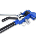 Tough Workhorse Steel Banding Tool And Ratchet Strapping Tensioner For Three Quarter Inch Stainless Strap, blue ergonomic grip design.