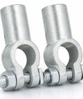 Heavy Duty Battery Terminal Connectors For 2/0 Gauge Wire Positive Negative Top Post Cable Clamps in silver color with strong bolts.