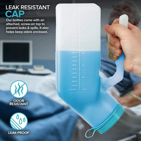 Portable Male Urinal Bottle 35 Oz With Screw On Lid, easy to read measurement lines, and durable HDPE plastic held by hand