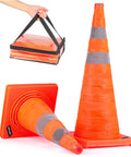 Two Pack 28 Inch Collapsible Traffic Cones With Reflective Collar, orange cones, one erected and one collapsed next to carrying case.