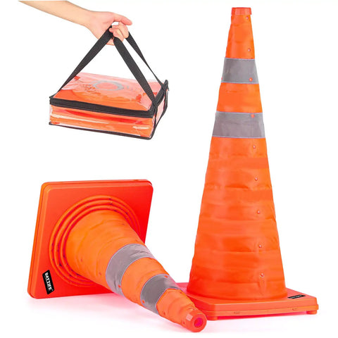 Two Pack 28 Inch Collapsible Traffic Cones With Reflective Collar, showing one fully extended and one collapsed in carry case.