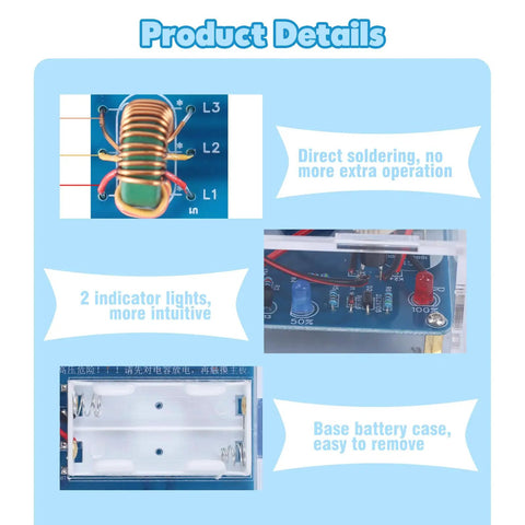 Electric Magnetic Transmitter Soldering Practice Kit For STEM Learning with direct soldering, indicator lights, battery case.