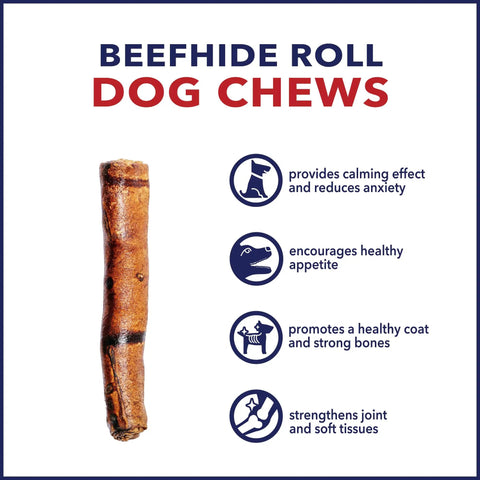 All American Beefhide Rolls For Dogs Chew Treats Made In USA Beef Flavor 8 Inch Thick Rolls 15 Count Pack for strong chewers