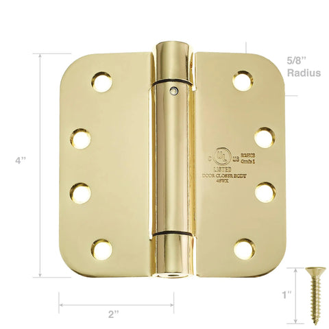 Heavy Duty Pro Grade 4 Inch Self Closing Spring Door Hinge With Five Eighth Inch Radius Corners UL Listed Brass Pack Of 2 for interior or exterior doors