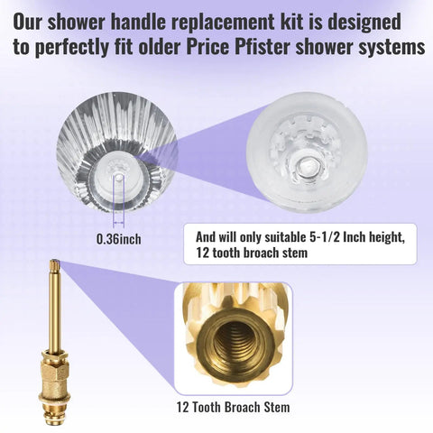 Shower Knob Replacement Kit 3 Piece Set For Price Pfister Bathtub Faucets 12 Point Broach Clear Acrylic with 12 tooth stem