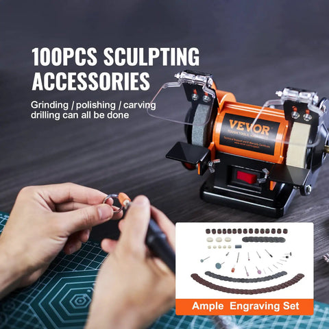 Bench Top Buffer Polisher And Grinder For Metal Jewelry Wood Jade Plastic And Silver DIY Projects With 3590 RPM Pro Grade Three Polishing Wheels Wool Wheel And Abrasive Fiber Wheel Brushless Motor For Low Noise And Maintenance Free Performance shown with 100pcs sculpting accessories.