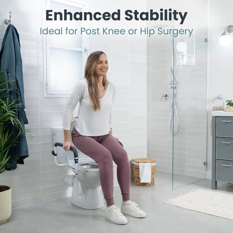 Adjustable Toilet Safety Rail With Rock Solid Stability And Hella Strong Build For Seniors And Elderly Adults Featuring No Fuss Mounting and Smooth Everyday Use In Any Home Bathroom, supporting user during use.