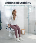 Adjustable Toilet Safety Rails For Seniors, Heavy Duty Bathroom Grab Bars with Handles, woman using for stability.