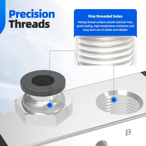 Close-up of precision threads on Pneumatic Solenoid Valve With Hand Pull Manual Control 5 Way 2 Position Air Valve.