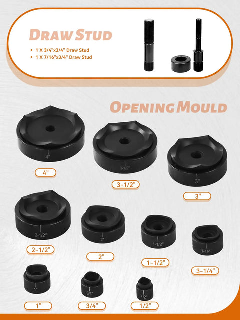 Heavy Duty 15 Ton Hydraulic Punch Driver Kit multiple die sets for conduit fittings showing molds in varying sizes