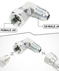 Three Eighth Inch Hydraulic Fittings Swivel Elbow Set At Ninety Degree Go To JIC To JIC Tight Space Routing Pro Grade Durable Build Five Pack For Hydraulics And Equipment, 3/8 female JIC to 3/8 male JIC stainless steel elbow