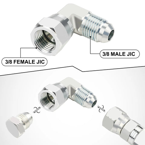 Three Eighth Inch Hydraulic Fittings Swivel Elbow Set At Ninety Degree Go To JIC To JIC Tight Space Routing Pro Grade Durable Build Five Pack For Hydraulics And Equipment, 3/8 female JIC to 3/8 male JIC stainless steel elbow