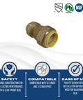 Pack Of Ten Three Quarter Inch By One Half Inch Push Fit Reducer Couplings For Copper CPVC And PEX Pipes Quick No Solder Clamps Or Glue Easy All In One Joint In Any Pipe Combination, single coupling displayed with compatibility and safety icons