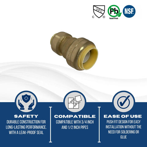 Pack Of Ten Three Quarter Inch By One Half Inch Push Fit Reducer Couplings For Copper CPVC And PEX Pipes Quick No Solder Clamps Or Glue Easy All In One Joint In Any Pipe Combination, single coupling displayed with compatibility and safety icons