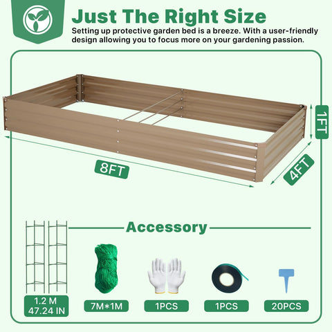 Galvanized Raised Garden Bed Kit With Two Tomato Cages Gloves Trellis Netting Plant Labels And Ties Brown 8x4x1ft Metal Planter