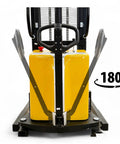 Wide Leg Semi Electric Pallet Stacker Built Tough To Hustle 3307 Pound Pallets Straight Up To 138 Inches Smooth As Butter Daily Without Breaking A Sweat from the front view showing yellow battery and steering controls.