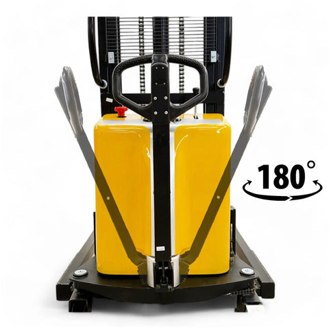 Wide Leg Semi Electric Pallet Stacker Built Tough To Hustle 3307 Pound Pallets Straight Up To 138 Inches Smooth As Butter Daily Without Breaking A Sweat from the front view showing yellow battery and steering controls.