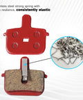 Four Pairs Durable Resin And Semi Metal Disc Brake Pads With Retaining Springs For Mountain Bikes And Electric Mountain Bikes High Bite Quick Break In Low Disk Wear, showing pads with elastic springs.