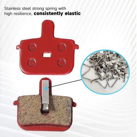 Four Pairs Durable Resin And Semi Metal Disc Brake Pads With Retaining Springs For Mountain Bikes And Electric Mountain Bikes High Bite Quick Break In Low Disk Wear, showing pads with elastic springs.