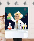 Science Party Banner For Pretend Play Let Kids Channel Their Inner Mad Scientist Backdrop Decor Chemistry Theme For School Classroom Lab Birthday Party Supplies showing child posing as mad scientist in lab coat with colorful beakers on table, photo backdrop, 47.2 x 35.4 inches, durable fabric.